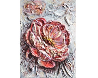 Original Impasto Peony Painting: Textured Floral Canvas Wall Art (16x24")
