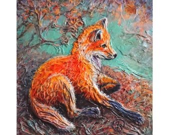 Original Fox Impasto Painting: Textured Oil Art on Canvas (8x8")