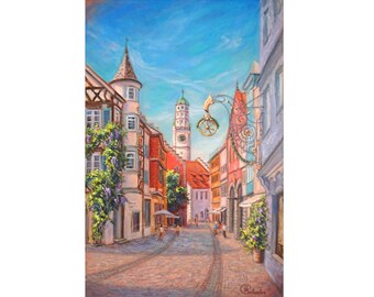 Ravensburg Germany Old Town Street Art Painting, Oil on Canvas 16x24"