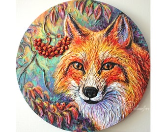 Fox Painting, Rowan Berries Artwork, Impasto Animals Art, 12" Canvas