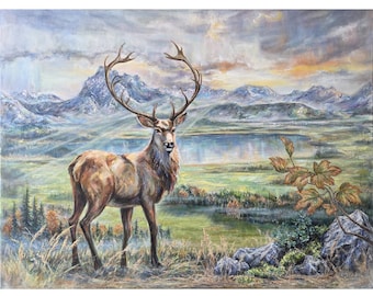 Original Oil Painting: Majestic Deer in Alps Landscape, Canvas Wall Art (30 x 40")