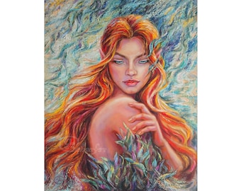 Redhead Mermaid Oil Painting, Impasto Woman Portrait 16x20" / 40x50 cm by Galyna Schaefer