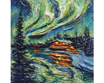 Impasto Aurora Borealis Painting, Textured Northern Lights Landscape Artwork (8" x 8")