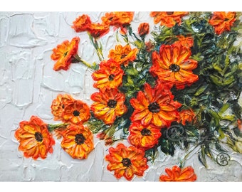 Original Orange Daisies Oil Painting, Textured Floral Artwork 12" x 16"