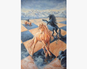 Peinture d'échecs cheval art original échiquier chevaux blancs empâtement oeuvre d'art échiquier art mural toile 24 x 16 po/60 x 40 cm par Galyna Schaefer