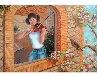 Girl with Violin Painting: Original Impasto Oil Artwork (28"x39")
