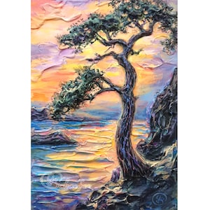Pine Tree Painting Trees Impasto Artwork Landscape Original Art Sunset Wall Art Canvas 16&quot; x 24&quot; / 40x60 cm by Galyna Schaefer