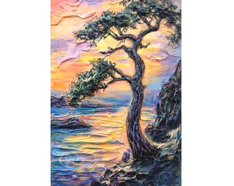 Original Impasto Pine Tree Painting: Textured Sunset Landscape Canvas Art (16" x 24")