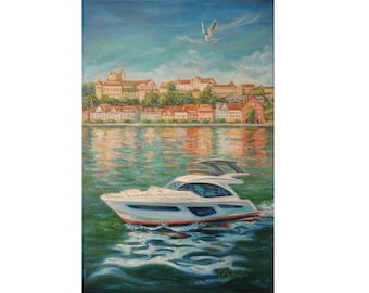 Original Yacht Painting: Lake Constance Art, 16x24" Canvas