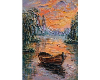 Boat Painting Fishing Original Art River Impasto Artwork Landscape Sunset Wall Art on Canvas 24" x 16" / 60x40 cm by Galyna Schaefer