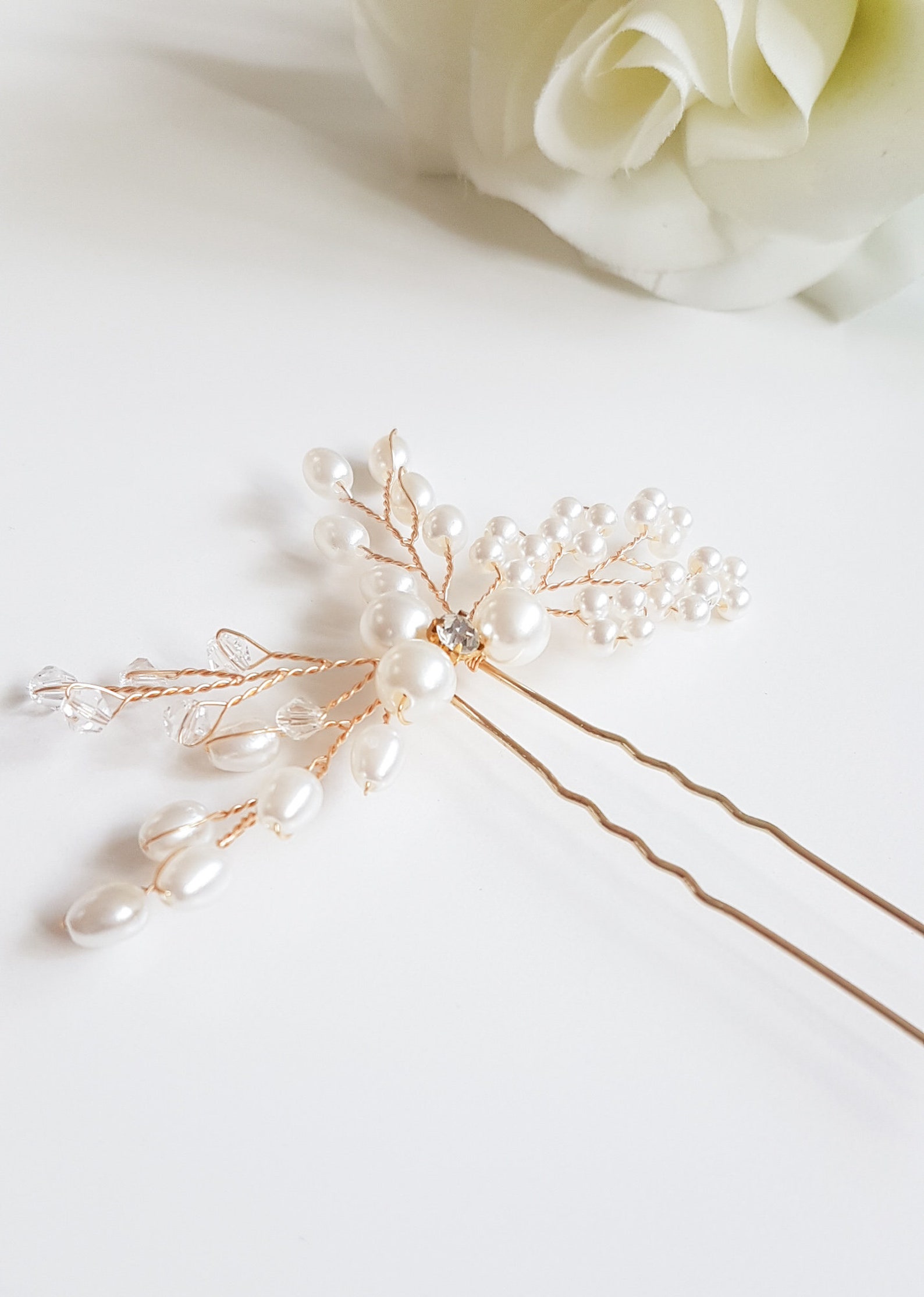 GENBREE Braut-Haarnadeln Mit Perlen & Strass | Für Hochzeit, Ball Oder Party | Silberfarben | Ca. 50 Cm Langes Haarteil
