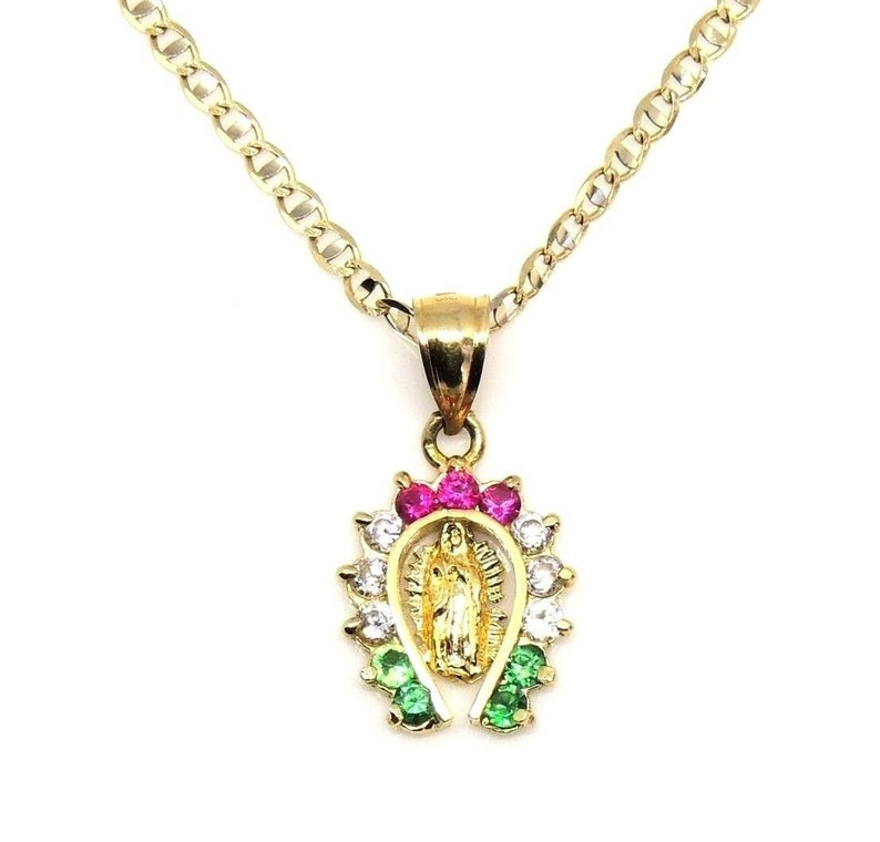 14k Gold Virgin Mary Pendant Religious Guadalupe Charm Horseshoe Necklace Women
