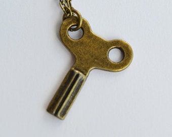 Tik-Tok Royal Army of Oz Winding Key - Tiny Vintage Wind-Up Clockwork Brass Charm Pendant Necklace - Return to Oz inspired
