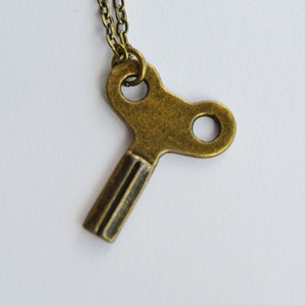 Tik-Tok Royal Army of Oz Winding Key - Tiny Vintage Wind-Up Clockwork Brass Charm Pendant Necklace - Return to Oz inspired
