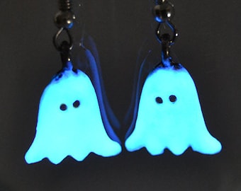 Glow in the Dark Ghost Earrings - Handpainted Blue or Green - Stainless Steel Hooks - Cute Halloween Jewelry