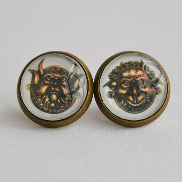 Door Knockers Post Earrings - 12mm Photo Glass Studs - 4 metal finishes - Labyrinth inspired