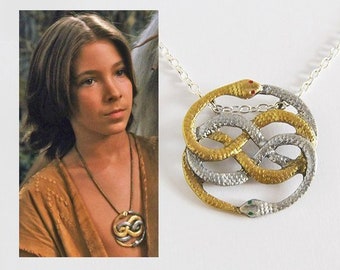 Auryn - Handpainted Gold and Silver Ouroboros Double Snake Atreyu Amulet Pendant Necklace - The NeverEnding Story inspired