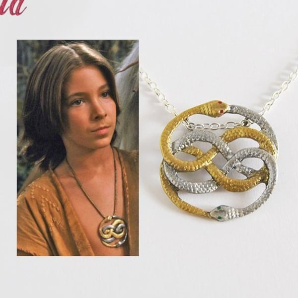 Auryn - Collier pendentif amulette Ouroboros double serpent Atreyu peint à la main en or et argent - Inspiré de l'histoire sans fin