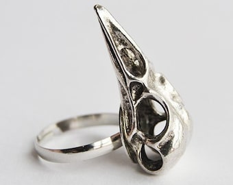 Bird Skull Ring - Antique Silver Raven Skull Charm on Adjustable Ring - Brass or Stainless Steel Band - Macabre Gothic Fantasy Jewelry