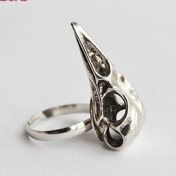 Bird Skull Ring - Antique Silver Raven Skull Charm on Adjustable Ring - Brass or Stainless Steel Band - Macabre Gothic Fantasy Jewelry