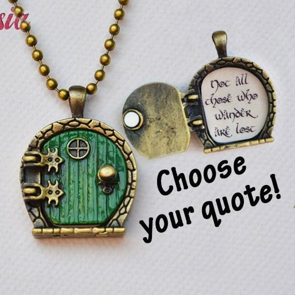 Green Door Locket (quote inside) Handpainted Bronze or Silver Keychain or Pendant Necklace - Tolkien Fantasy Jewelry