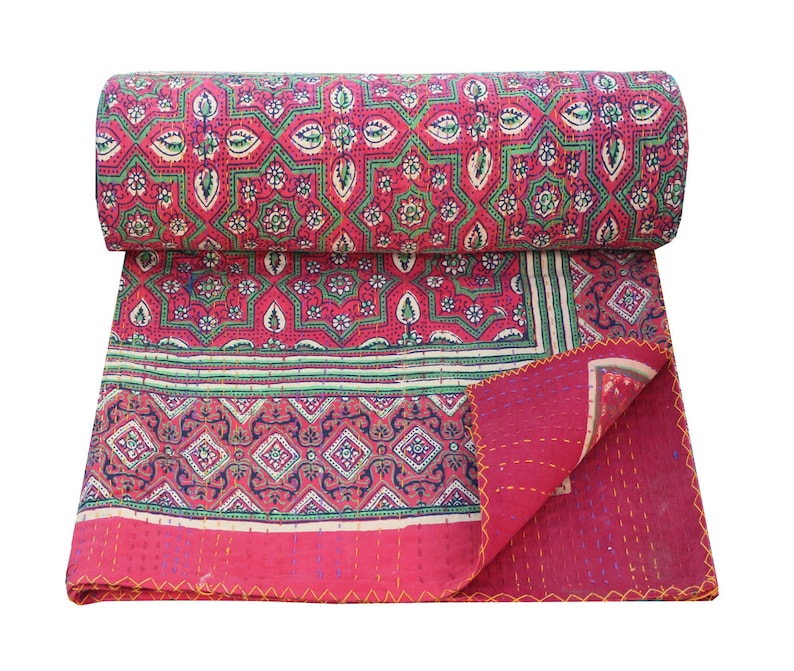 Handmade Kantha Quilt Reversible Indian Cotton Sari Kantha Blanket Queen Size Kantha Bedspread Natural Color Ajrakh Kantha Bedding Throw