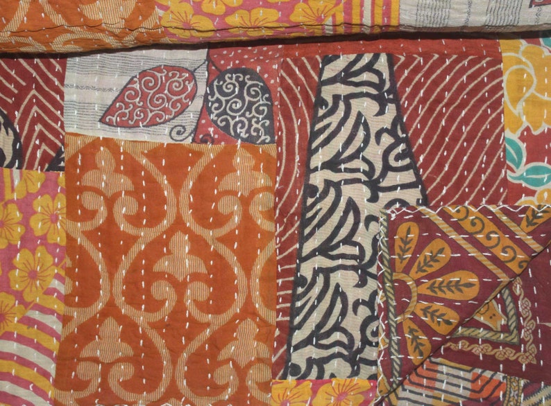 Colorful Handmade Kantha Quilt Hand Stitched Kantha Blanket Vintage Queen Size Kantha Bedspread Indian Cotton Patchwork Kantha Throw