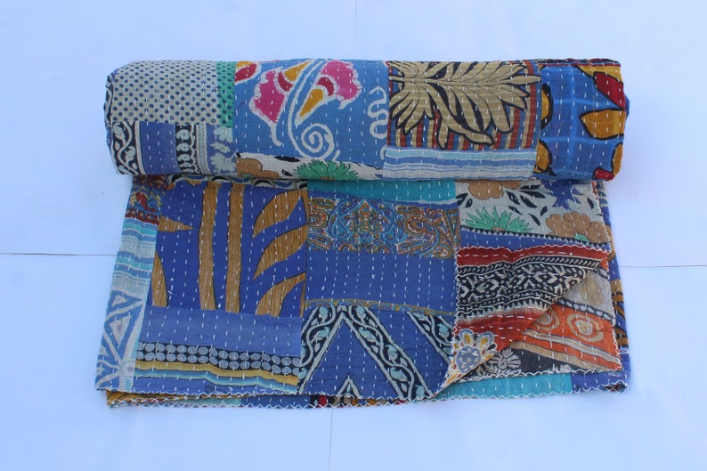 Indian King Reversible Patchwork Kantha Quilt Queen Bedding Blanket Queen Throw