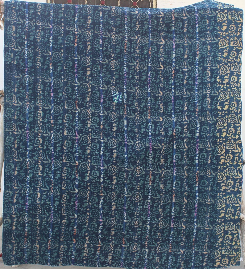 Blue Natural Color Kantha Quilt Twin Size Vintage Indigo Kantha Throw Hand Stitched Indigo Kantha Blanket Reversible Indigo Kantha Bedspread