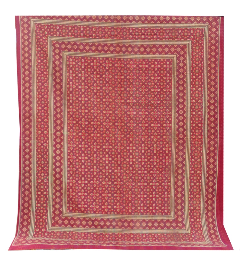 Handmade Kantha Quilt Reversible Indian Cotton Sari Kantha Blanket Queen Size Kantha Bedspread Natural Color Ajrakh Kantha Bedding Throw