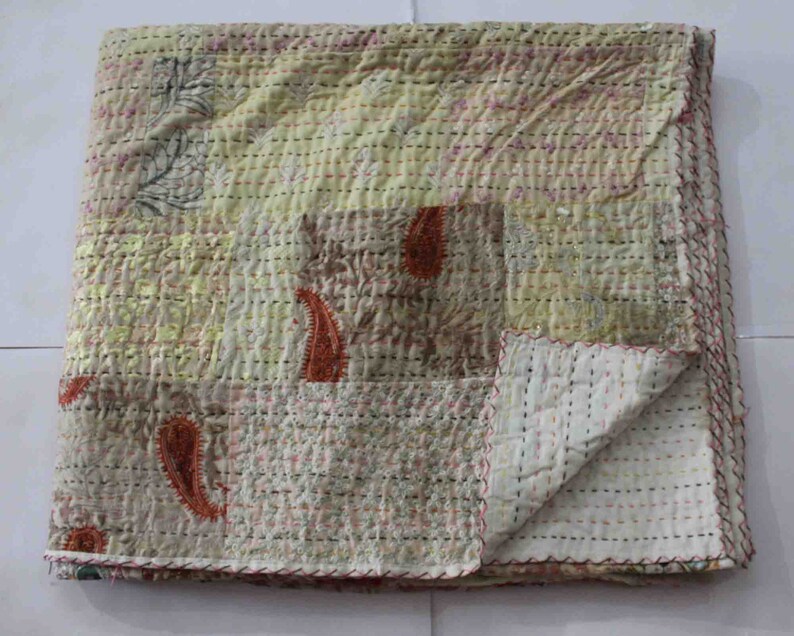 Handmade cotton Ikat kantha quilt indian bedding vintage queen size bedspread