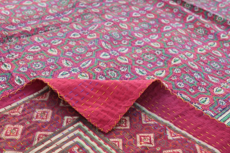 Handmade Kantha Quilt Reversible Indian Cotton Sari Kantha Blanket Queen Size Kantha Bedspread Natural Color Ajrakh Kantha Bedding Throw