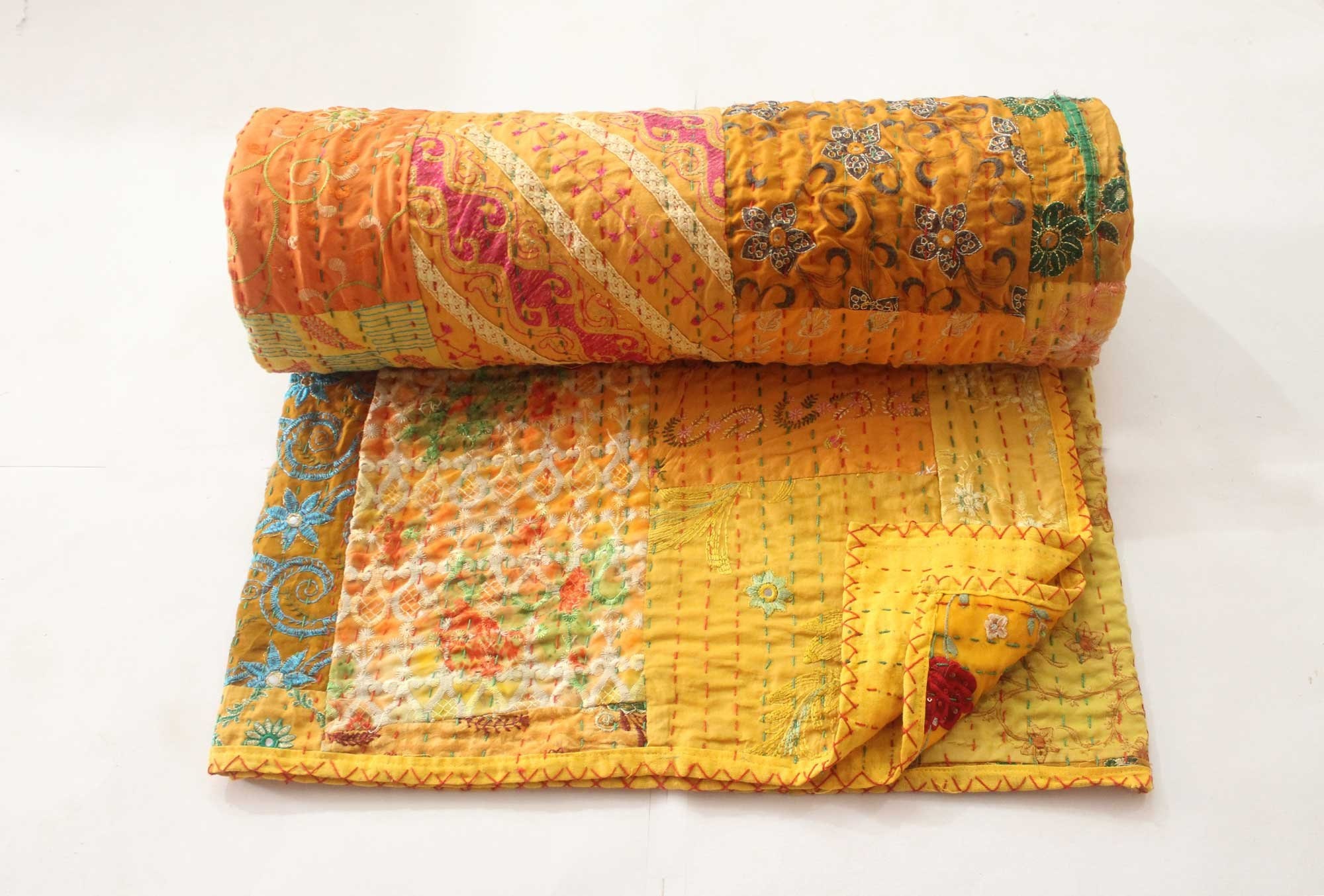 Kantha Quilt Throw Blanket Bedspread Throw Yellow Patchwork Bedspread