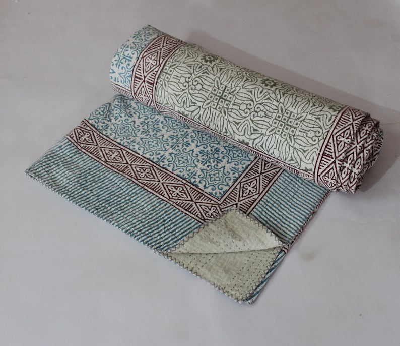 Indigo Cotton Kantha Quilt Queen Size Handmade Kantha Blanket Hand Block Printed Kantha Bed Cover Natural Colour Kantha Throw Boho Bedspread