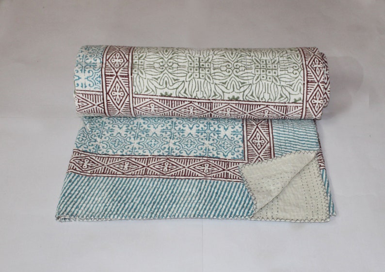 Indigo Cotton Kantha Quilt Queen Size Handmade Kantha Blanket Hand Block Printed Kantha Bed Cover Natural Colour Kantha Throw Boho Bedspread