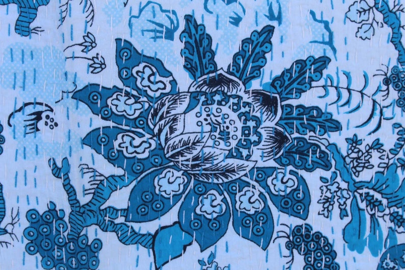 Bird Print Kantha Quilt Twin Size Cotton Kantha Blanket Indian Handmade Kantha Bedspread Hand Stitched Kantha Throw