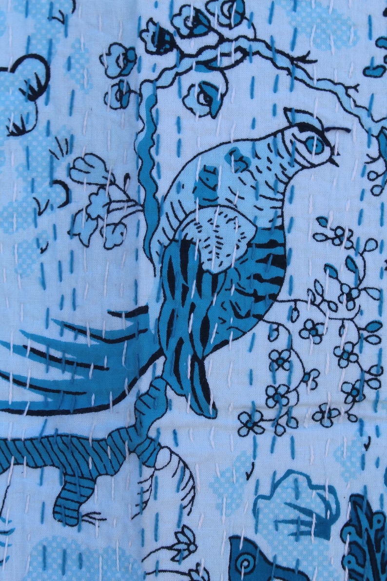 Bird Print Kantha Quilt Twin Size Cotton Kantha Blanket Indian Handmade Kantha Bedspread Hand Stitched Kantha Throw