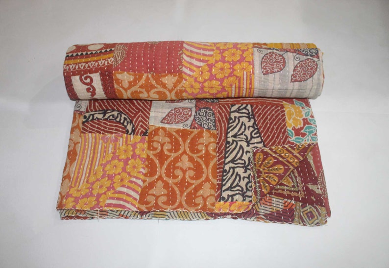 Colorful Handmade Kantha Quilt Hand Stitched Kantha Blanket Vintage Queen Size Kantha Bedspread Indian Cotton Patchwork Kantha Throw