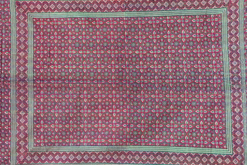 Handmade Kantha Quilt Reversible Indian Cotton Sari Kantha Blanket Queen Size Kantha Bedspread Natural Color Ajrakh Kantha Bedding Throw