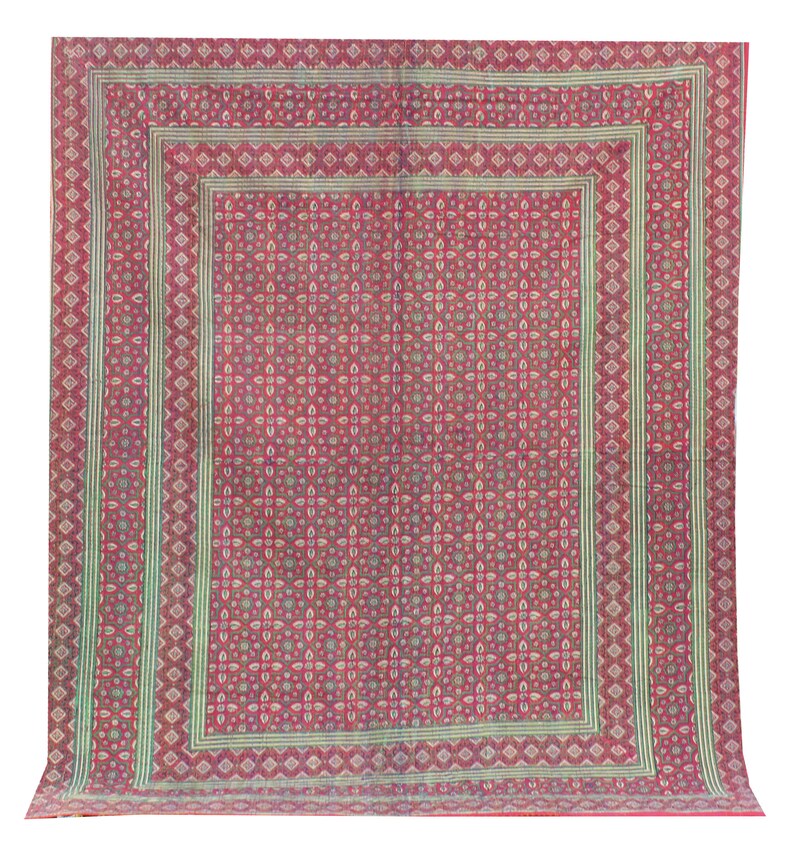 Handmade Kantha Quilt Reversible Indian Cotton Sari Kantha Blanket Queen Size Kantha Bedspread Natural Color Ajrakh Kantha Bedding Throw