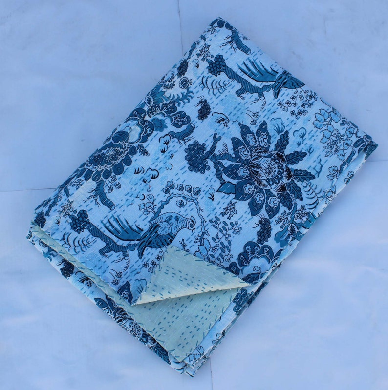 Bird Print Kantha Quilt Twin Size Cotton Kantha Blanket Indian Handmade Kantha Bedspread Hand Stitched Kantha Throw