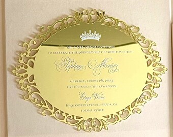 Quinceañera Invitations Acrylic Card with  3D Envelope . Sweet 15 Invitations . Black Tie Party Invitations