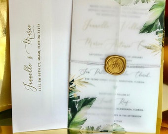 Custom Wedding Invitation Garden and gold . Vellum Cover Invitation with Personalized Wax Seal . Wedding Timeless Beauty with Personal Touch