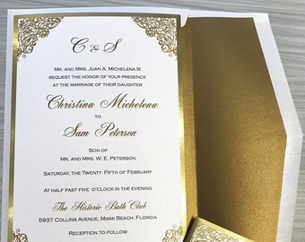 Wedding Gold Foil border Invitation Suite - RSVP and Belly Band Included . Fully Assembled and Ready for Mail - Complete Set Customized