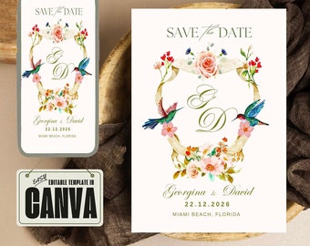 Invitación para guardar la fecha - Diseño de colibríes con hermoso diseño floral CANVA Editable - Invitación STD de boda elegante, romántica y elegante