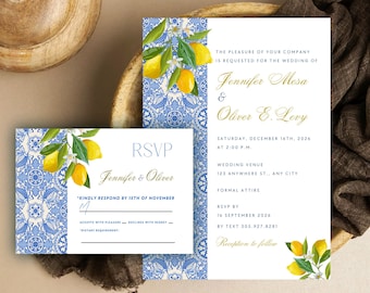 Wedding Invitation Blue Tiles and Yellow Lemons Amalfi coast Style   -  Tuscan Wedding Invite - Italian Mediterranean Invitation Download