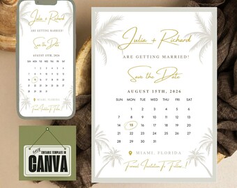 Save the Date Invitation Modern Palms Wedding Beach Printable Invites -Canva Editable Templates - DIY Digital Mobile, Instant Download