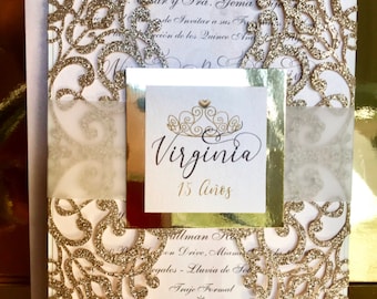 Quinceanera's Invitation. Glitter lasercut cover. Designed, printed and fully assembled ready for mailing
