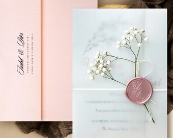Wedding Boho Style Invitations - Vellum Invitations with wax seal and baby breath - Invitaciones de Boda  English and Spanish Invitations