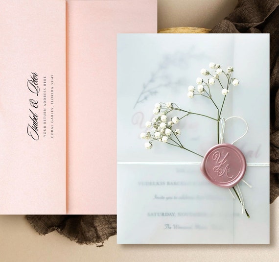 Wedding Boho Style Invitations - Vellum Invitations with wax seal and baby breath - Invitaciones de Boda  English and Spanish Invitations
